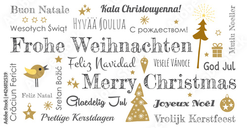 Frohe Weihnachten internationale Weihnachtgrüße Schriftzug, Textwolke, Postkarte