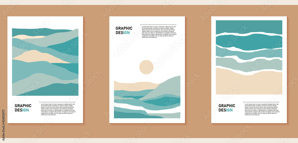 Set of three natural minimalist backgrounds. Hand-drawn illustrations with mountain and sea landscape for  for wall decoration, postcard or brochure, cover design, stories, social media, app design.