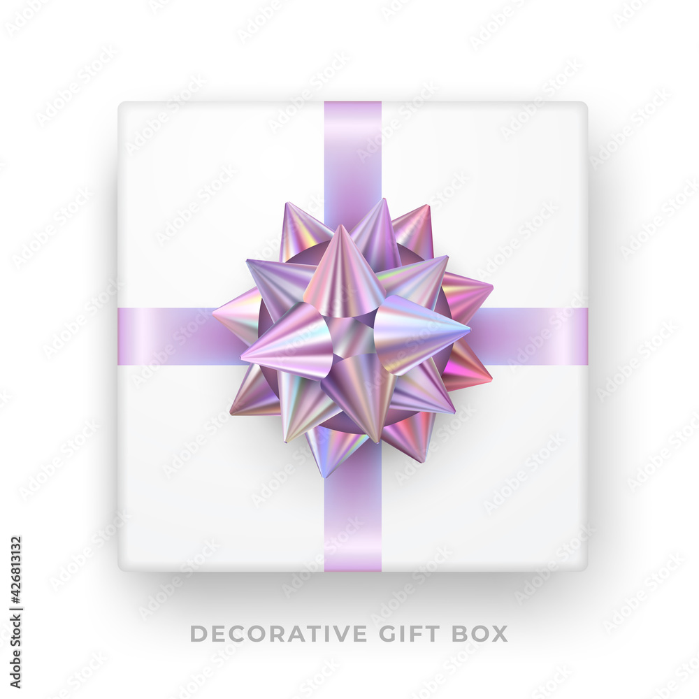 Fototapeta premium Decorative white gift box with hologram bow and ribbon isolated on white background. Top view. Vector