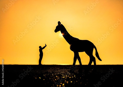 Photo please, silhouette photography of a boy snapping photo of a giraffe. 
