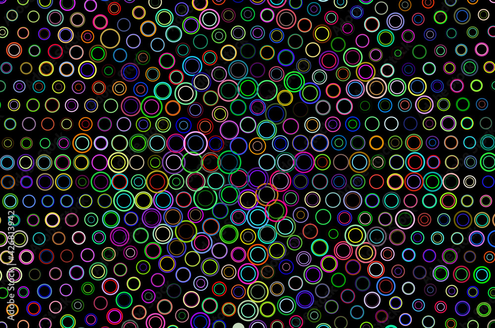 Abstract background with geometric colorful circles on black, interesting mosaic halftone design. Geometric background with colored circles.