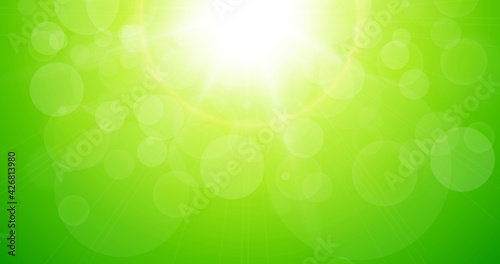 Sun with lens flare and bokeh of lights, summer or spring natural green background as nature hot sunny day, vector illustration.