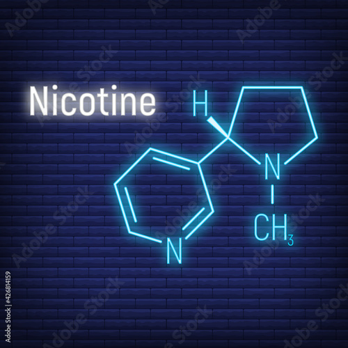 Nicotine concept glow neon style chemical formula icon label, text font vector illustration, isolated on wall background. Periodic element table.