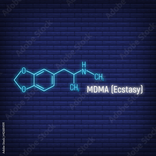 MDMA ecstasy glow neon style concept chemical formula icon label, text font vector illustration, isolated on wall background. Periodic element table.
