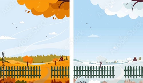 Landscape of two seasons, autumn and winter, one place. forest glade. Vector graphics.