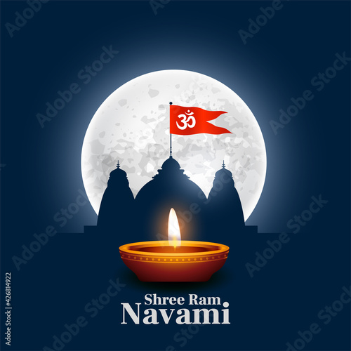 shree ram navami wishes card with temple and diya