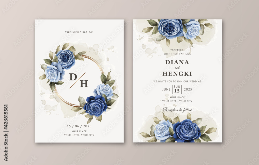 Watercolor navy floral and leaves wedding invitation card template ...
