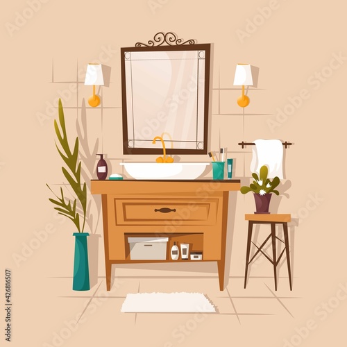 Modern bathroom interior with furniture in flat style. Vector illustration.