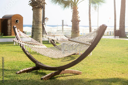 Tropical louge  garden  with hammock  in the hotel . Vacation concept . photo