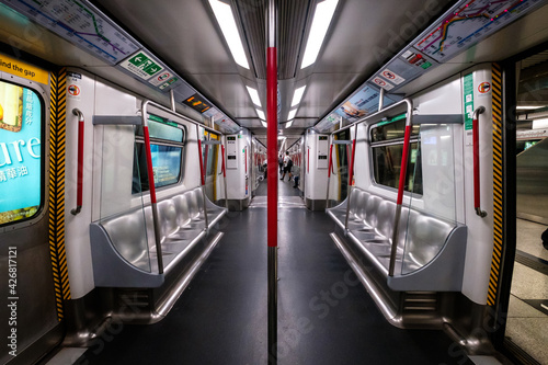 Empty metro train /  MTR subway train  late at night in Hong Kong