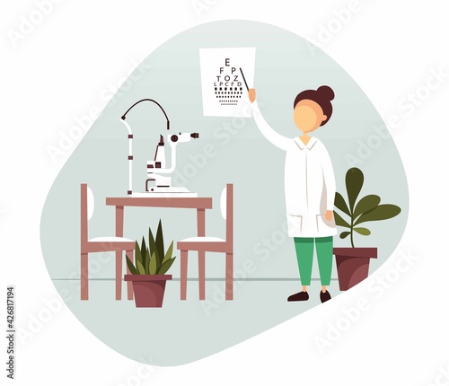 Ophthalmology concept. The ophthalmologist checks the patient's vision. Optical eye test, spectacle technique. Ophthalmic medicine. Vector illustration.