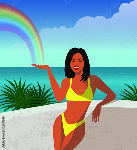 Digital illustration of a beautiful tanned girl resting on vacation holding a rainbow on her hand against the background of a seascape and posing for a photo