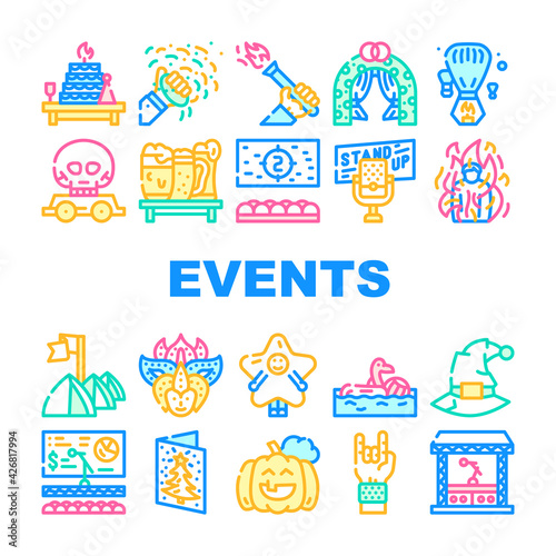 Events And Festival Collection Icons Set Vector. Rock And Oktober Fest, Standup And Pool Party, Fantasy Costume And Facial Mask Events Concept Linear Pictograms. Contour Color Illustrations