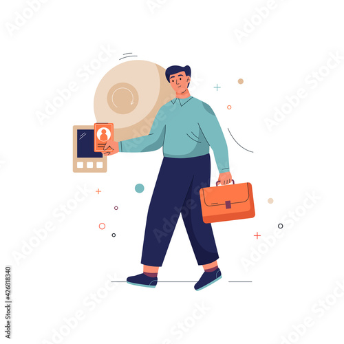 Get early access concept. Man with briefcase invests money