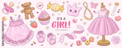 Hand drawn baby girl shower and arrival set. Collection of vector design elements for scrapbook, invitation, greeting cards