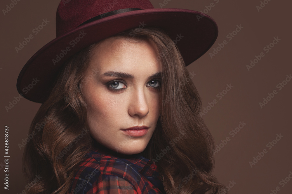 Beautiful woman in fedora hat portrait Beautiful woman in fedora hat portrait