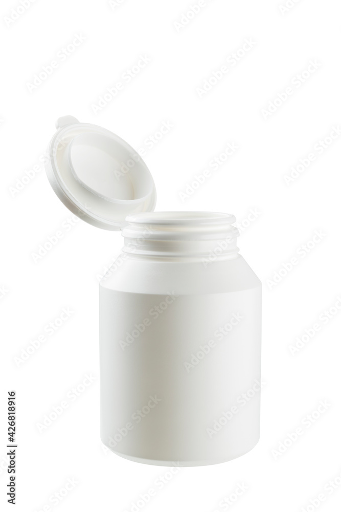 Open medicine plastic bottle, isolated on white background. Open medicine plastic bottle, isolated on white background.