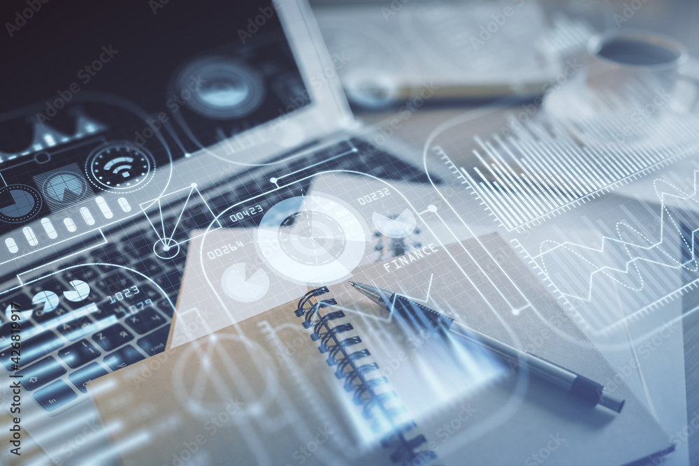 Double exposure of technology theme drawing and desktop with coffee and items on table background. Concept of high tech. Double exposure of technology theme drawing and desktop with coffee and items on table background. Concept of high tech.