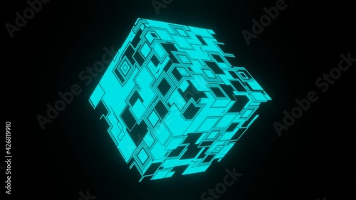 Würfel, unterteilt in kleinere Würfel im Inneren. Türkis und schwarz. Futuristisch Hintergrund