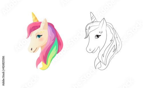 Cute unicorn in flat style. Coloring book for children. Cartoon vector illustration.