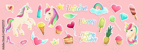 Cute unicorn stickers in flat style. Hand lettering text. Cartoon vector illustration.	