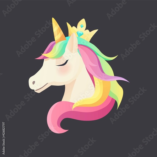 Cute unicorn face in flat style. Cartoon vector illustration.	