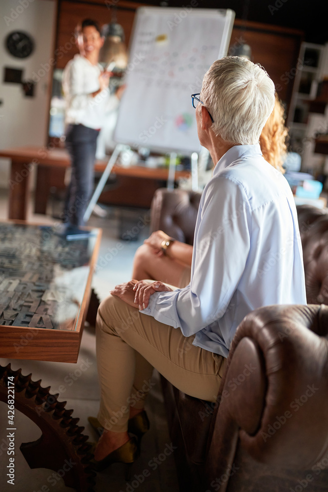 Business women sitting on a sofa at workplace and listening to a female colleague presentation. Business, office, job Business women sitting on a sofa at workplace and listening to a female colleague presentation. Business, office, job