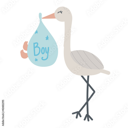 Cartoon cute stork carrying newborn baby