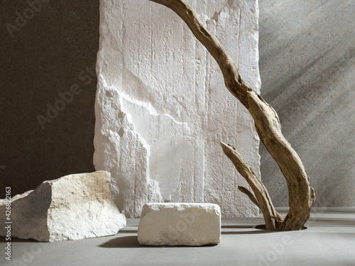 Fototapeta Naklejka Na Ścianę i Meble -  White stones and tree branch and shining sun rays, abstract background for object placement, podium packaging design mockup, 3d rendering