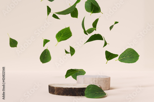 Natural organic elements for object product presentation. Wood slab podiums and falling leaves. 3d rendering