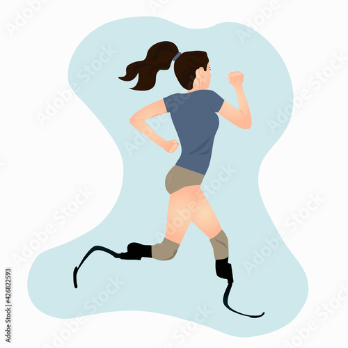 Disabled woman with prosthetic legs is engaged in running. Vector illustration.