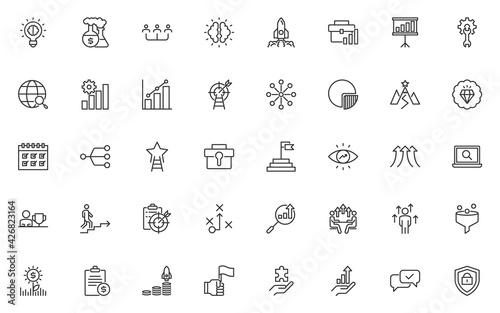set of business startup thin line icons, marketing, management, researach, planning