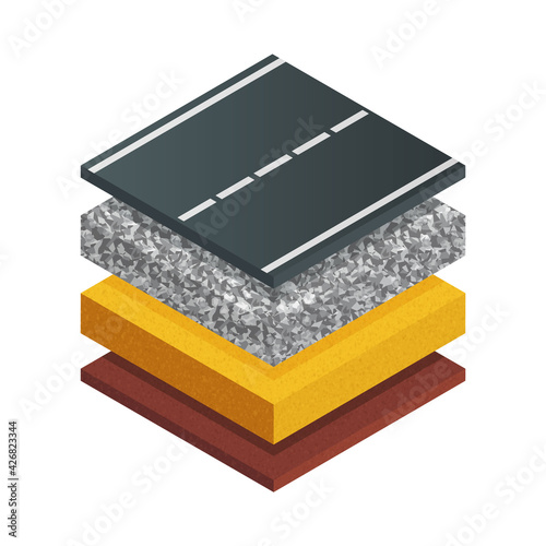 Vector illustration typical asphalt road structure isolated on white background. Realistic cross section road structure diagram in flat cartoon style. Isometric scheme of asphalt paving technology.
