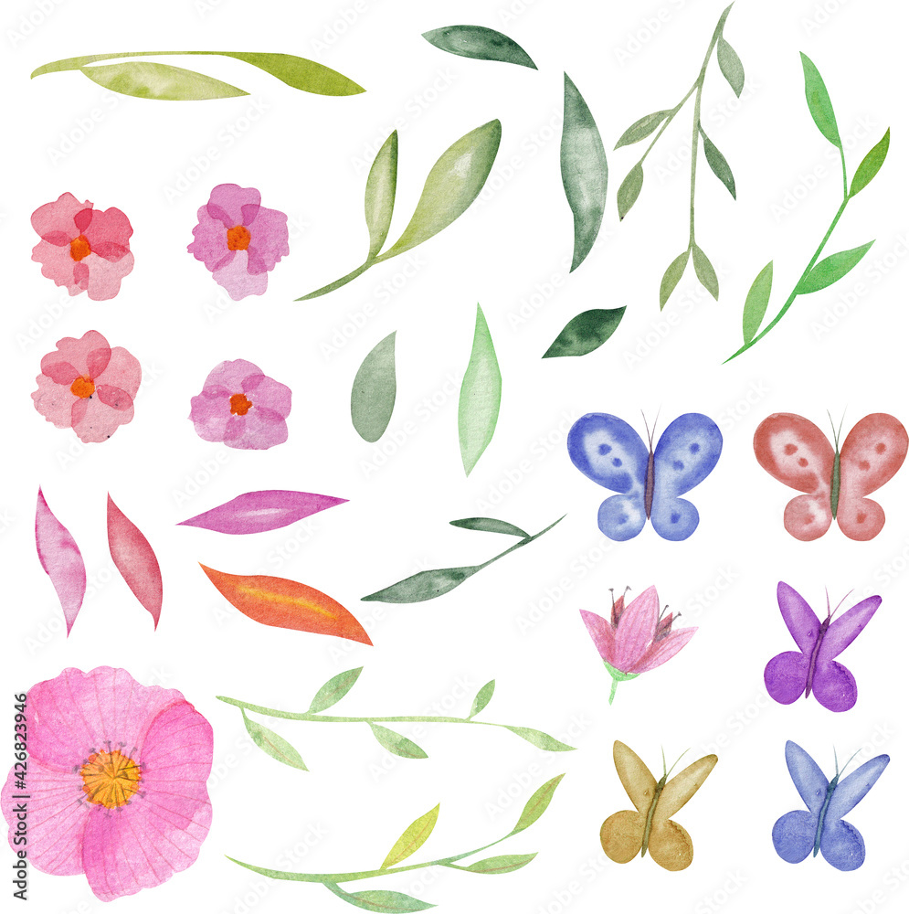 Summer set of colored butterflies, flowers and leaves painted in watercolor. Wedding card design, insect, beauty flower banner. Unusual popular jewelry design.
