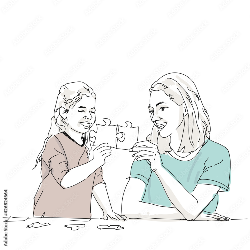 Vector illustration of mom and daughter playing puzzle with happy faces Vector illustration of mom and daughter playing puzzle with happy faces