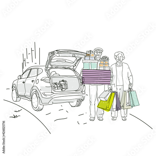 Vector illustration of an elderly couple carrying gift boxes from their car
