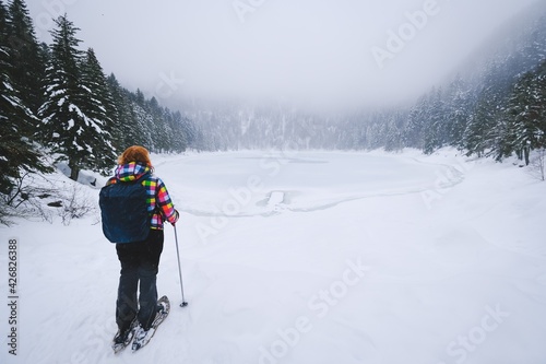 The frozen Lac des Corbeaux under the clouds. Despite the storm, hikers come here to see this pretty place in the forest. La Bresse, Vosges. France