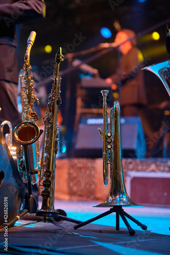 Flugelhorn and saxophone are on one stage. In the background, a singer is singing out of focus. Wind instruments spice up pop music. 