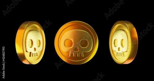 3D rendering illustration of Golden coins with skull symbol, tokens, concept art, on black color background