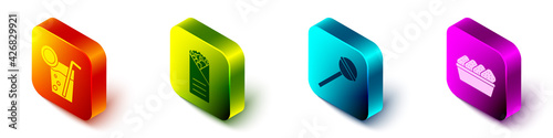 Set Isometric Cocktail, Doner kebab, Lollipop and Chicken nuggets in box icon. Vector