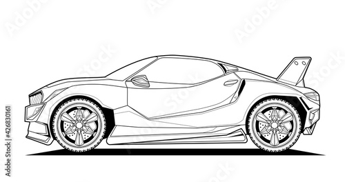 Adult coloring page for book and drawing. Car vector line art illustration. High-speed drive vehicle. Graphic element. wheel. Black contour sketch illustrate Isolated on white background.