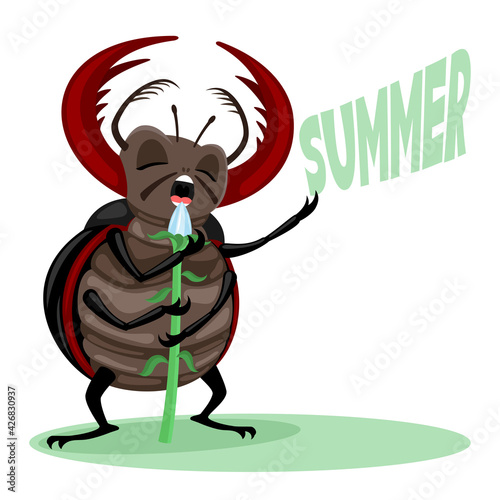Illustration with insect beetle singing a song about summer on a white background.
