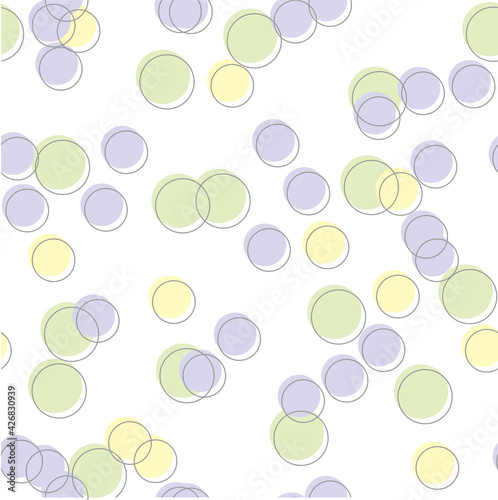 Multicolored circles on a light background. Seamless endless pattern pattern of circles in yellow, purple, green color with gray strokes