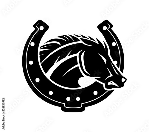 Angry horse icon with horseshoe on white background.