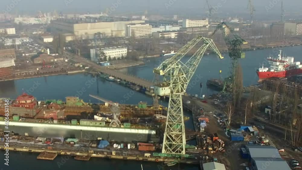 Dolly Zoom Aerial Of Shipyard Cranes Docks Harbour Dolly Zoom Aerial Of Shipyard Cranes Docks Harbour