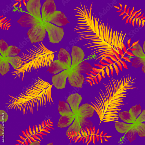 Yellow Tropical Textile. Blue Seamless Design. Navy Pattern Painting. PurpleSpring Illustration. Violet Flower Botanical. Lavender Drawing Illustration. Decoration Design.