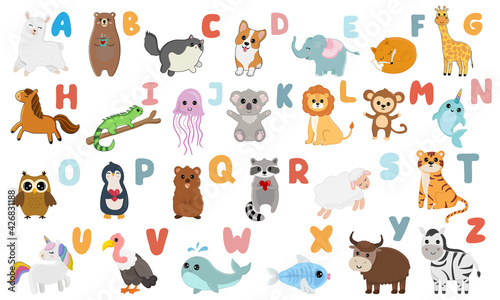 Fototapeta Naklejka Na Ścianę i Meble -  English alphabet with cute animals isolated on white background. Vector illustration for teaching children learning a foreign language.