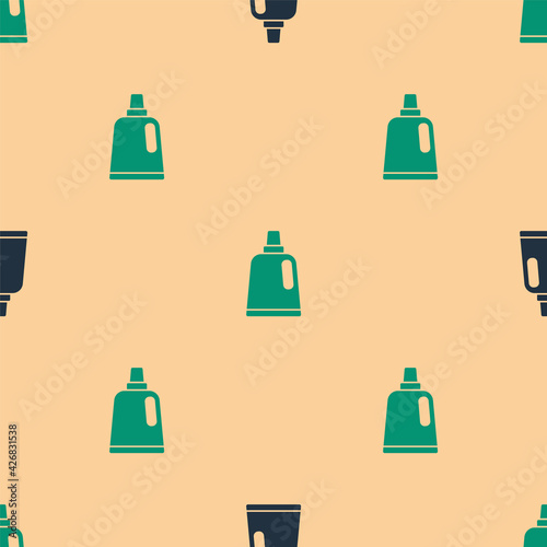 Green and black Plastic bottle for laundry detergent, bleach, dishwashing liquid or another cleaning agent icon isolated seamless pattern on beige background. Vector