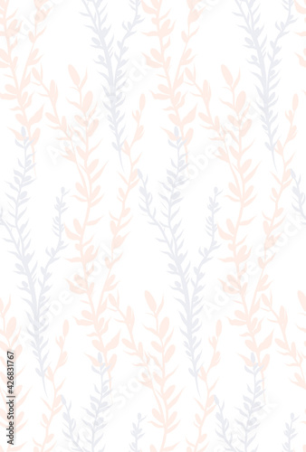 Delicate stems of herbs and twigs with thorns and petals. Seamless vertical natural pattern. Texture with grass in pastel colors on a white background. Gentle flora wallpaper