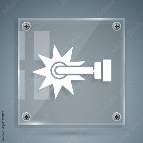 White Cowboy horse riding spur for boot icon isolated on grey background. Square glass panels. Vector